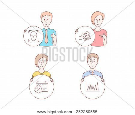 People Hand Drawn Style. Set Of Face Detection, Calendar Discounts And Present Delivery Icons. Line 