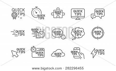 Quick Tips Line Icons. Helpful Tricks, Solution And Quickstart Guide. Tutorial Linear Icon Set.  Vec