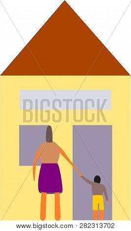 Stylized Mother And Son Stand In Front Of Building Which Represents A School