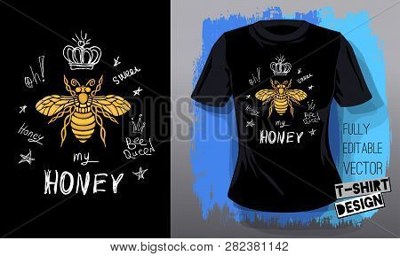Honey Bee Golden Embroidery Queen Crown Textile Fabrics T-shirt Design Lettering Gold Wings Insect. 