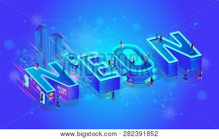 Vector 3d Isometric Word Neon Blue Ultramarine Color Effect. Little City People Walk At Big Letters 