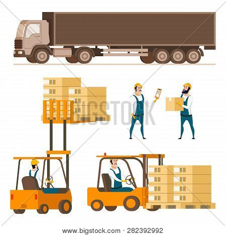 Storage Delivery Equipment Element Character Set. Compact Forklift Cars With Box In Various Combinat