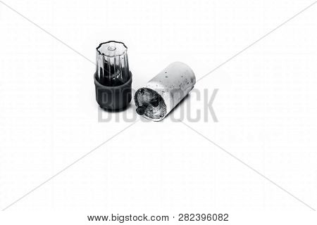 Close Up Of Plastic Colorful Capacitors Or Stators Isolated On White Widely Used In Old Types Of Flo