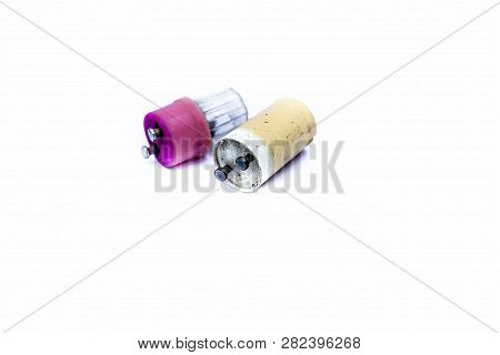 Close Up Of Plastic Colorful Capacitors Or Stators Isolated On White Widely Used In Old Types Of Flo