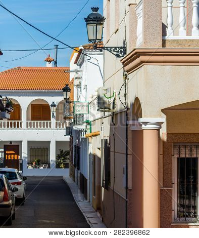 Antas, Spain - January 26, 2019 Old Narrow Street In A Small Town In Andalusia, A Typical Spanish Bu