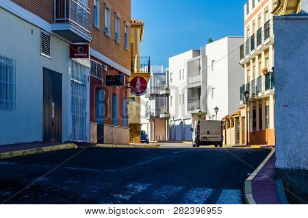 Antas, Spain - January 26, 2019 Old Narrow Street In A Small Town In Andalusia, A Typical Spanish Bu