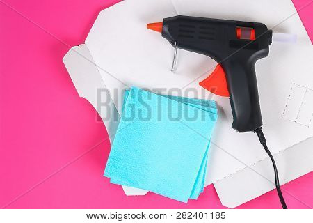 Diy Eight Made Cardboard Decorated Artificial Flower Made Blue Tissue Paper Napkin Pink Background. 