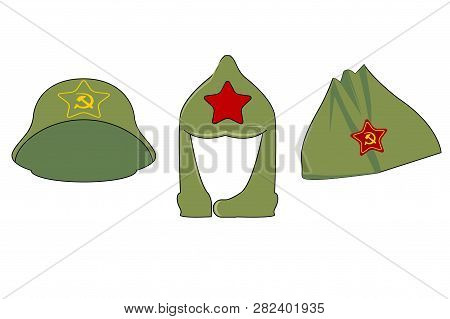 Headgear In The Era Of The Soviet Union. 3 Caps With The Symbols Of The Ussr.