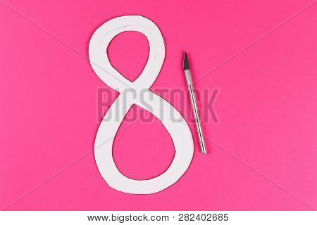 Diy Eight Made Cardboard Decorated Artificial Flower Made Blue Tissue Paper Napkin Pink Background. 