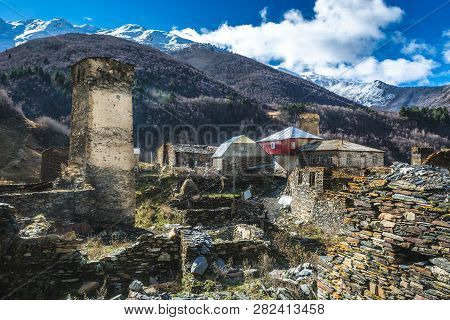 Picturesque Landscape Of Aged Georgian Rural Community Ushguli With Typical Svaneti Defensive Tower 