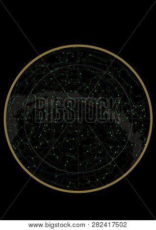 Northern Hemisphere Constellations, Star Map. Science Astronomy, Star Chart On Black Background