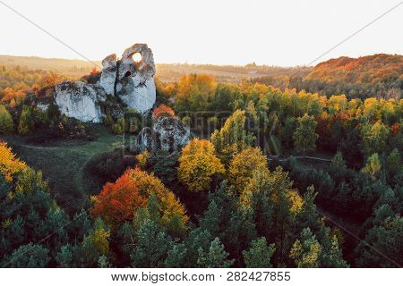 A Panoramic View Of The Unique Okiennik Rock In Poland With A Large Natural Window