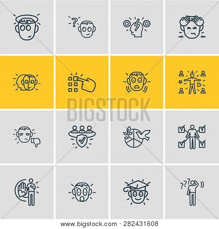 Vector Illustration Of 16 Emoticon Icons Line Style. Editable Set Of Unsatisfied, Trust, Cognitive P