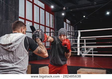 Nothing But Success. Muscular Athlete In Red Gloves Training On Boxing Paws With Partner In Boxing G