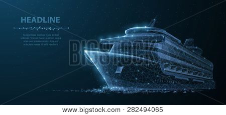 Ship. Abstract Vector Luxury Ruise Liner Ship On Dark Blue Night Sky Background With Dots, Stars.