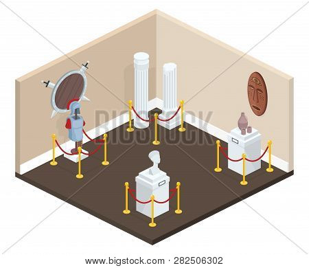 Museum Exhibition Hall In Cross Section Illustration Of Gallery With Exhibits On Pedestal Stands Sur