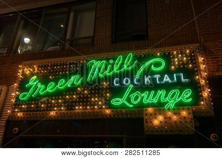 Chicago, USA - September 10, 2018: Green mill Jazz cafe neon sign