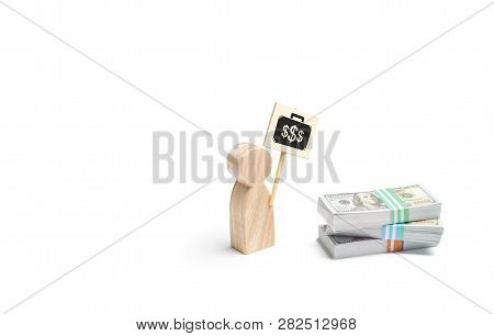 A Man Figurine With A Poster Agitates Near A Pile Of Money. The Concept Of Finding A Better Paid Job