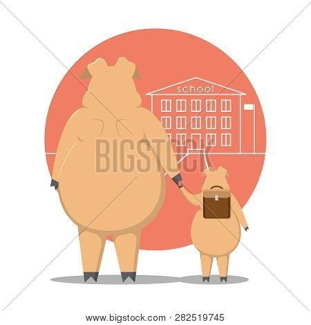 Thick Pig. The Pig Leads The Piglet To The School. Cartoon Pig. Pig With A Handkerchief.