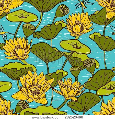 Elegant Yellow Water Lilies, Nymphaea Seamless Floral Pattern