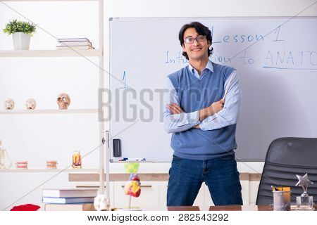 Young lecturer teacher teaching anatomy