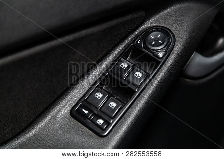 Novosibirsk, Russia -february 05, 2019:  Lada Granta,  Close-up Of The Side Door Buttons: Window Adj