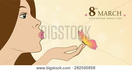 Young Girl With Butterfly Womans Day 8th March Greeting Card Vector Illustration Eps10