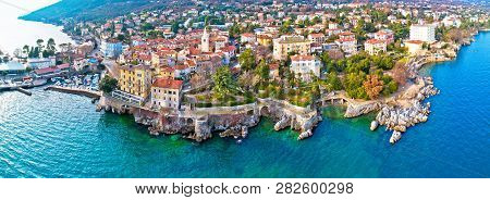 Town Of Lovran And Lungomare Sea Walkway Aerial Panoramic View, Kvarner Bay Of Croatia