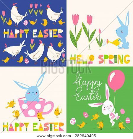 Set Of Four Cute Vector Easter Spring
