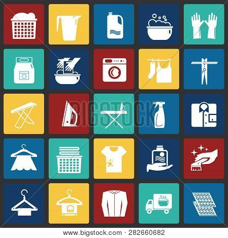Laundry Icons Set On Color Squares Background For Graphic And Web Design, Modern Simple Vector Sign.