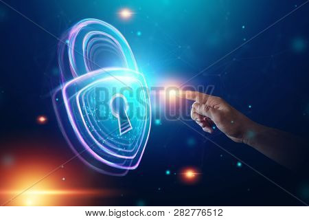 Creative, Ultraviolet Background, Male Hand And Hologram Lock. The Concept Of Security, Safe, Data P