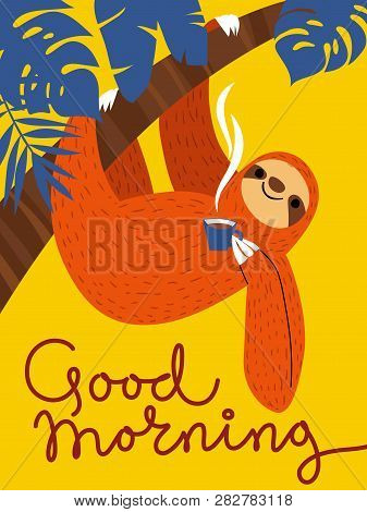 Vector Card With Sloth And Coffee Cup