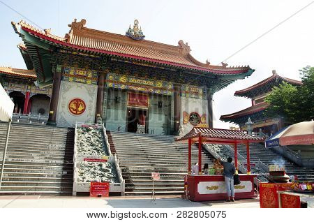 Asian Thai People Visit And Praying Chinese God At Wat Borom Raja Kanchanapisek Anusorn, Known As Wa