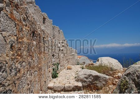 The remains of the medieval Crusader Knights castle above Chorio on the Greek island of Halki.