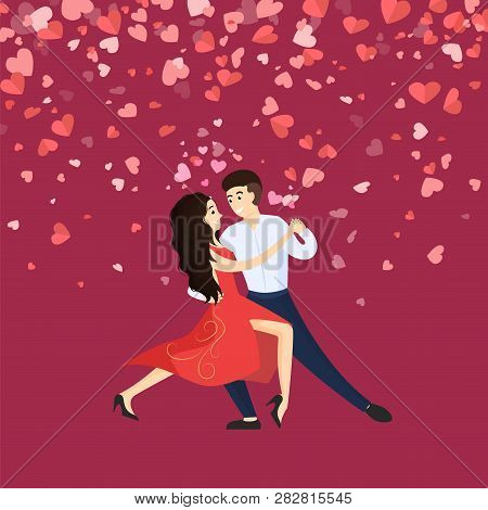 Dancers Man And Woman, Valentine Day. Cartoon Character Couple Dancing Vector. Card Decorated By Hea