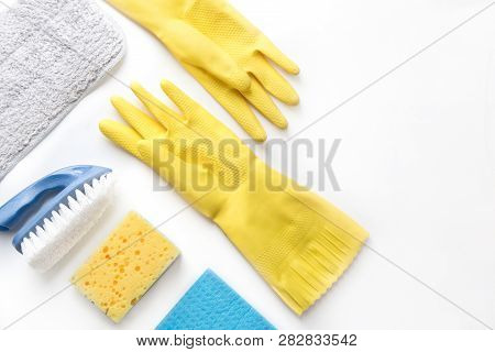 Cleaning Products. Home Cleaning Concept.. Copy Space. Flat Lay. Top View.