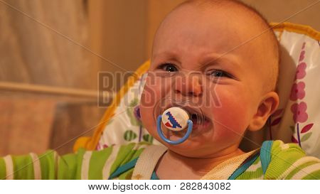 Close Up Portrait Of Little Charismatic Baby Boy With Soother In Mouth Who Sitting In Chair, Looking