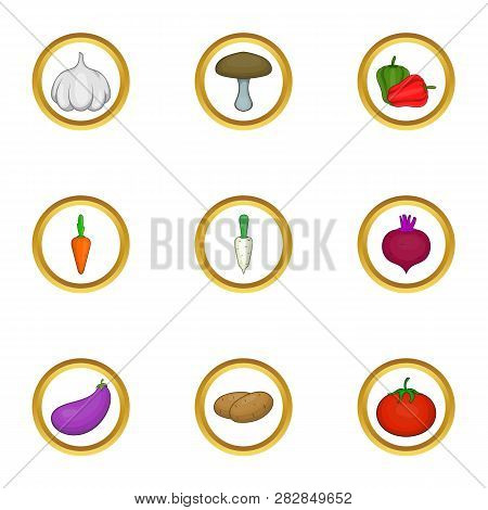 Vegetarian Food Icons Set. Cartoon Set Of 9 Vegetarian Food Icons For Web Isolated On White Backgrou