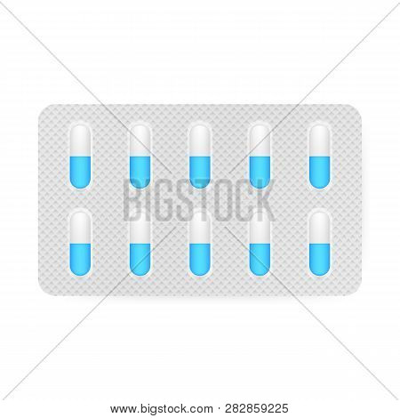 Realistic Pills Blister With Capsules On White Background. Realistic Mock-up Of Pills Packaging Medi