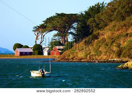 Rustic Barns On A Ranch Besides Bluffs With Cypress Trees Overlooking Tomales Bay Taken At Point Rey