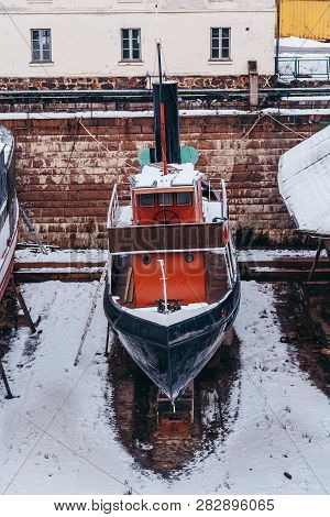 Older Ships Storage On Land, Waiting Over The Winter For Summer. Helsinki Finland
