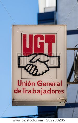 Caceres, Extremadura, Spain - February  02, 2019: Sign Of The Spanish Union Ugt, General Union Of Wo