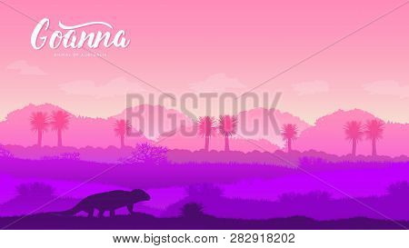 Goanna Hunt For Prey In The Desert Illustration. Silhouette Of A Wild Animal In Australia Background