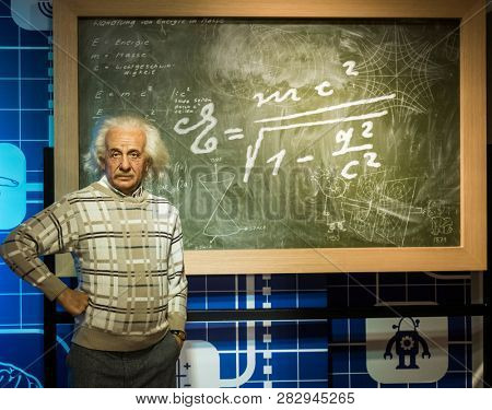 BANGKOK, THAILAND - JANUARY 08, 2019: Albert Einstein wax figure at Madame Tussauds Museum.