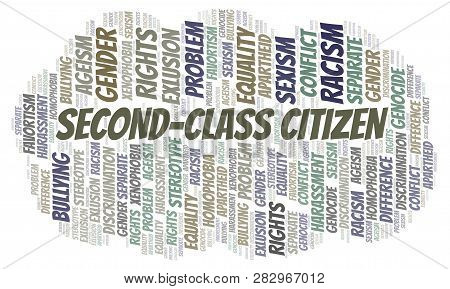 Second-class Citizen - Type Of Discrimination - Word Cloud. Wordcloud Made With Text Only.