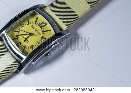 Zelenodolsk, Ukraine, On January 5, 2019. The Female Watch With A Leather Thong, White In A Cage, An