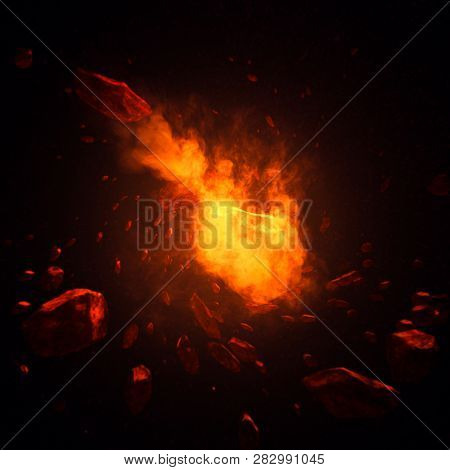 Fire Comet In Space With Meteor Storm. Powerful Star Moving. Concept Art