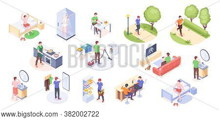 Man Daily Life, Home Routine And Everyday Life, Isometric Icons. Man Daily Work Day And Leisure Acti