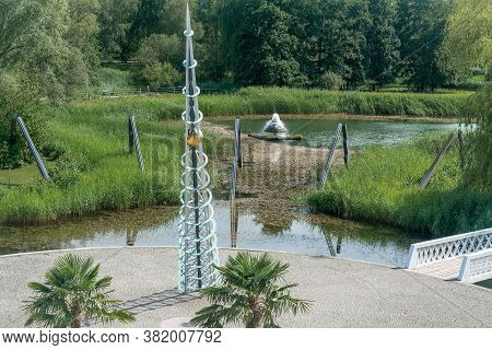 Berlin, Germany- July 30, 2020: Sun Dial And Lake At Britzer Garten
