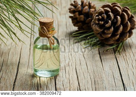 Pine Turpentine Essential Oil In Glass Bottle With Pine Coniferous Leaves And Pine Cone On Rustic Ta